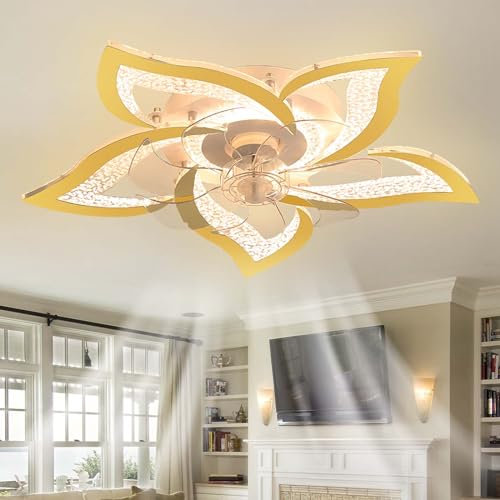 Caufloce Smart Ceiling Fans with Lights Reversible, Modern Dimmable Flower Ceiling Fan Lights with Remote Control LED Silent Fan Lights DC Timer for Bedroom, Living Room, Lounge-Gold