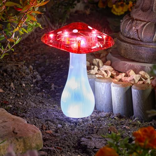 Set of 3 Solar Powered Toadstool Stake Lights – Weatherproof Mushroom Design Outdoor Garden LED Lighting Ornament Decoration for Patio, Decking, Borders, Pathway, Lawn, Yard – Each H19 x 15cm Diameter