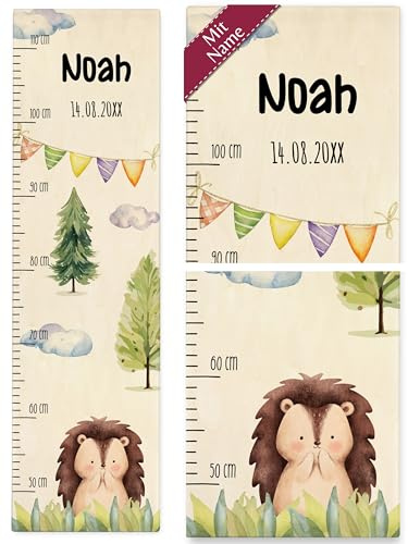 Messlatte Kind Holz - Niedlicher Igel Kindermotiv Süßes Igelmotiv Hedgehog mit Namen und Datum - 50-110 cm - Holz - kinder