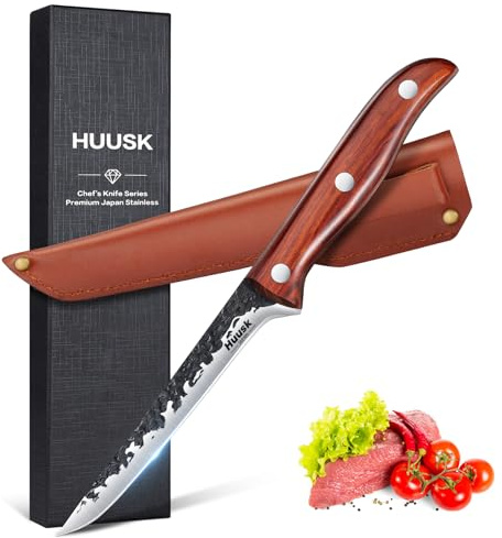 Huusk Boning Knife for Meat Cutting Deboning Butchering,Japanese Fillet Knives with Sheath,Brisket Trimming Knife,Full Tang Hand Forged Camping BBQ 5 Inch Gift for Dad