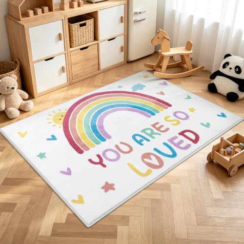 Enyhom Weicher Kinderteppich 100 x150 cm, Spielteppich Vorleger Babyteppich Waschbar rutschfest Pflegeleichter, Regenbogen und Alphabet Muster, Krabbelmatte fürs Kind