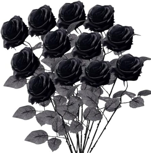 DKLQXCE 12 Stück Schwarze Rosen Künstlich,39CM Kunstrosen Single Long Stem Schwarze Blumen,Plastikblumen Künstliche Blumen Rosen für DIY Braut Hochzeitssträuße Garten Wohnzimmer Hotel Home Deko