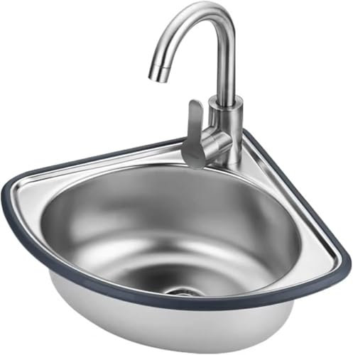 Eckwaschbecken mit Wandmontage, 304 Edelstahl, Kantenschutz, für den Haushalt, einfaches Handwaschbecken, mit Abtropffläche und Wasserhahn, kleiner Geschirrspüler (Größe: 34 x 34 cm, Tiefe 15 cm,