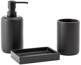 Hanseküche 3-teiliges Badezimmer Set - Dekorative Bad-Accessoires, Kunstharz, Schwarz, inkl. Zahnputzbecher, Seifenspender und Seifenschale (Badezimmer Set, 3, teilig)