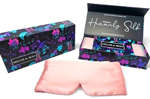 Millie & Boo Schlafmaske aus Seide, 100% reine Bio-Maulbeere, 19 Momme Seide, Augenmaske zum Schlafen, bequeme hellrosa Augenmaske mit Gummiband – Luxus-Geschenkbox für Frauen & Reisende