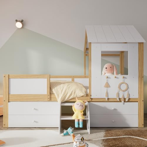 MOBETTRES Kinderbett, halbhohes Bett, Hausbett mit Dach und Fenster, Vierseitiger Zaun, mit 4 Schubladen und kleine Treppe, Kiefer+MDF+Sperrholz, Weiß+Natur, 90x200cm