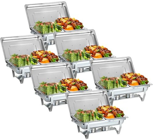 PRIJESSE 9L Chafing Dish Buffet Set, High Grade Stainless Steel Food Warmer with Half Size Food Pan, Roll Edge Designed Chafing Dish for Events (6 Pack)