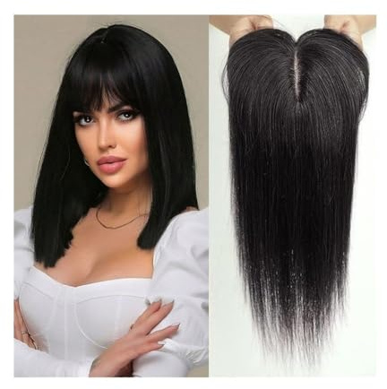 Haar-Topper Haarteile Haarteil mit Pony, 3 Clip-in-Haarteile aus Echthaar, natürliches schwarzes nahtloses Haarteil, 14-Zoll-Remy-Haarteil mit Seidenbasis for dickes Haar Haartopper für Frauen