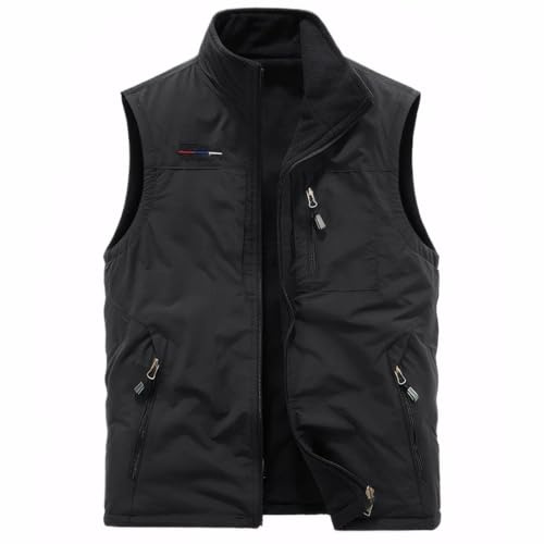 Cicilin herr vändbar fleece-väst lätt varm ärmlös jacka för vandring promenader resor, Svart, XL