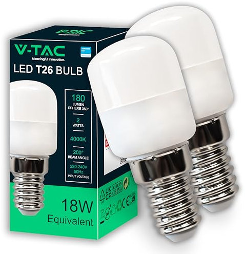 V-TAC 2x Bombilla LED para Nevera y Lámparas - E14-2W - 180 Lumen - Pequeñas Bombillas LED T26 para Máxima Eficiencia y Ahorro Energético - Blanco Neutro 4000K