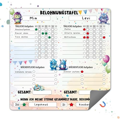 TOBJA Magnetische Belohnungstafel – Monster Design, für 2 Personen, täglichen & wöchentlichen Aufgaben | Routine Planer Morgen- & Abendroutine | 30 x 30 cm, abwischbar (Monster)