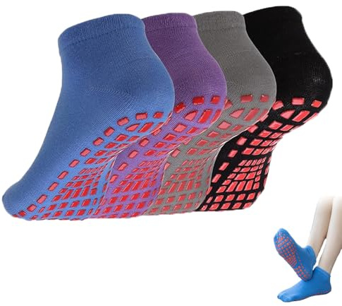 4 Pairs Anti-Slip Socks, Bottom Rubber Increase Friction, Force Yoga Pilates Grippy Full Toe Ankle Fall Prevention Grip, Fitness Sports Socks Fit Women&Men for Ballet, Dance, Workout, Fitness