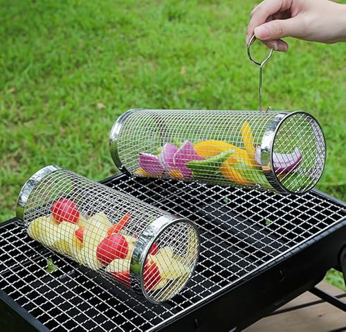 Vankarr Cestini per Grigliare Rotante 2 Pezzi Cestello per Grigliate Acciaio Inox con Manico Rimovibile Cesto per Barbecue, Accessori per Barbecue All Aperto per Verdure e Gamberi