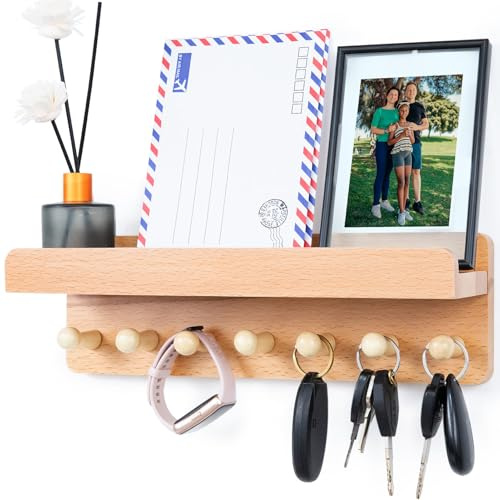 Qiannhee Tablero de Madera para Llaves con Estante 31.5CM Caja de Madera Maciza para Llaves de Pasillo con 7 Ganchos, Soporte para Llaves de Pared de Haya, Gancho para Llaves (Natural, 7 Ganchos)