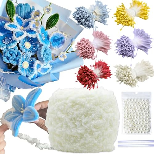 HanCheng 600 st 6-färgade blomstämplar för hantverk, 200 st pärlor och 1 rulle fluffigt garn för piprensare hantverk, ståndare, tillbehör för rörrenare blomkit