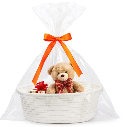 Geschenkkorb Leer Korb für Geschenke, 33x20x15 cm Geflochten Korb Geschenk mit Transparent Geschenktüten und Bändern, Geschenkkorb Gift Basket Hochzeit Geburtstag Weihnachten