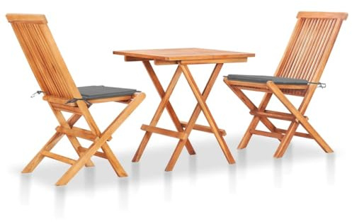 LVHUIDEH 3er Set Gartenmöbel, Bistroset mit Grauen Kissen Massivholz Teak