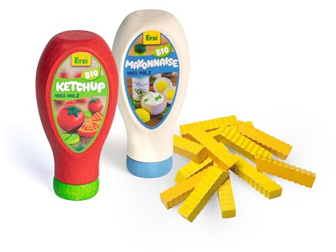 Erzi 03090 Kaufladenspielzeug für Kinder aus Holz, Set | Pommes, Ketchup und Mayonnaise, Kaufmannsladen, Rollenspiele, Kreative Spielwelten gestalten