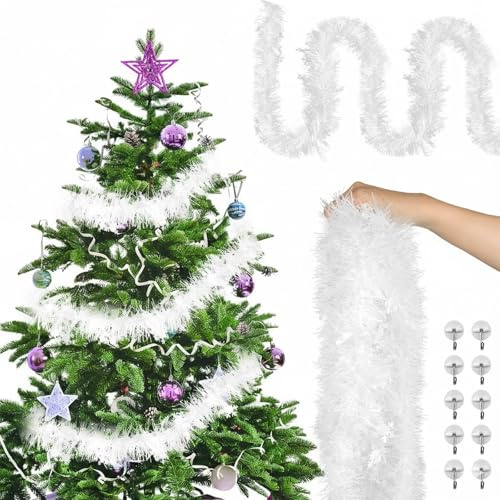 10 M Weihnachten Lametta Girlande, Dicke Lametta Weihnachtsdeko Girlanden, Hängende Weihnachtsgirlande Dekogirlande mit Kabelbinder und Haken für Weihnachten Party Innen Outdoor Deko (Weiß)