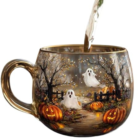Haunted Path Halloween Mug Painted Glass Coffee Mug with Spooky Cat Pumpkin Ghost Pattern, Halloween Coffee Cup for Home, Adult, Child, Travel, Milk, Hot Water