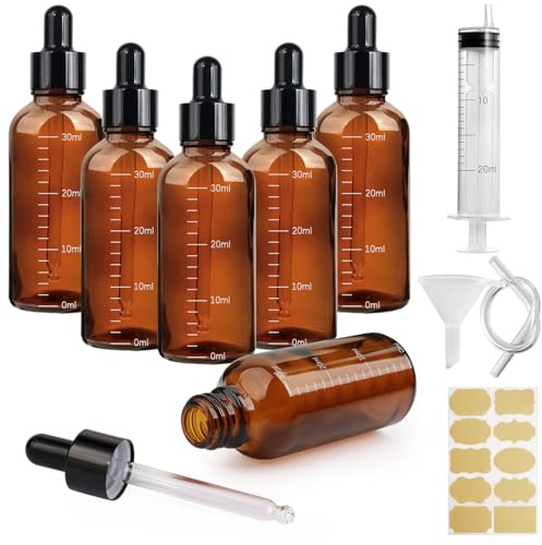 Nadisean 6Pcs Amber Glass Dropper Bottles, 30ml Dropper Bottle with Scale | Pipette Dropper Bottle, Refillable Glass Bottle with Dropper Funnel Stickers for Oil Aromatherapy Blends Massage Perfumes