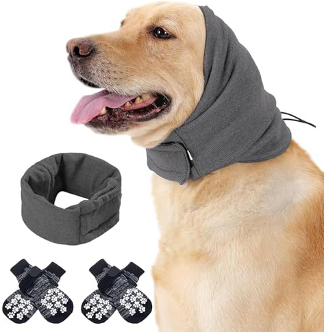 Protezione dell'udito per cani, protezione dell'udito regolabile, M paraorecchie per cani, collo e orecchie per ridurre il rumore con 4 paia di calzini per cani antiscivolo