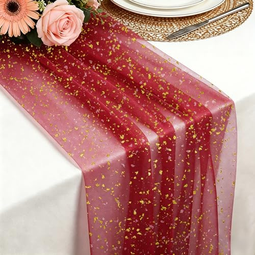 Runner da Tavolo Rosso, 75 x 300 CM Leggero Fluido Runner da Tavolo in Tulle di Garza Foglia d’oro per Matrimoni Bohémien, Compleanno, Natale, Capodanno, Decorazione per Tavola Della Cucina e Archi