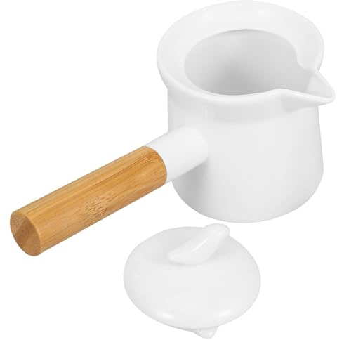 GARVALON Mini Pentola in Ceramica da 350ml Manico in Legno, Pentola per Latte e Salsa per Uso Domestico, Resistente al Calore e Facile da Versare, Adatta a Cucina e Bar