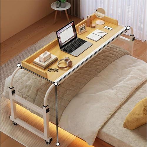 Table de mobilité au-Dessus du lit avec roulettes, Poste de Travail Debout réglable en Hauteur et Largeur, Bureau pour Ordinateur Portable Roulant, Bureau Multifonctionnel Paresseu(Color:couleur bois)