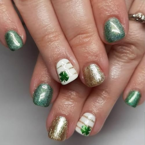 Faux ongles carrés courts en ABS faciles à appliquer avec motif trèfle Idéal pour les fêtes et un usage quotidien Patrick Nails
