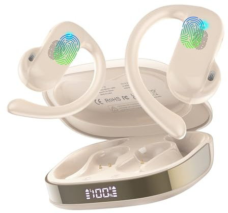 Wireless Earbud Bluetooth 5.4 Open Ear Headphones with Ear Hooks, 42H HiFi Stereo Open Ear Headphones with Clear Calls, IPX7 Waterproof Lightweight Sport Earphones for Sport/Running/Gym/Off White