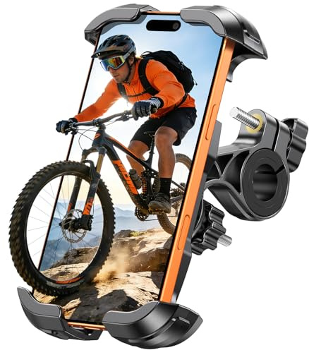 Glangeh Mobiltelefonhållare för cykel, [uppgraderad förstärkt klämma] mobiltelefonhållare motorcykel med säkerhetslås, 360° roterande GPS-hållare kompatibel med iPhone 16 Pro