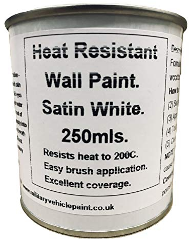 1 x 250ml Satin White Heat Resistant Wall Paint. Wood Burner Stove Alcove. Brick, Concrete, Plaster, Cement Board, Rendering, Metal, Timber etc.