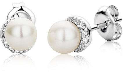 Miore Ohrringe Damen Ohrstecker Weißgold 9 Karat / 375 Gold Süßwasserperlen mit Diamant Brillianten