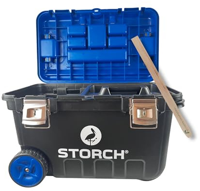 STORCH Werkzeugtrolley mit Rollen inkl. naturfarben-kaufen-Rührholz – robuster Werkzeugkoffer für Heimwerker & Profis, mobiles Ordnungssystem mit großem Hauptfach, Metallverschlüssen & Trolley-System