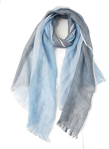 Prettystern Uomo Donna Lunga Sciarpa a Righe 100% Lino Pashmina Leggera Estiva Primavera Foulard Di Stile Marittimo Blu Grigio T40