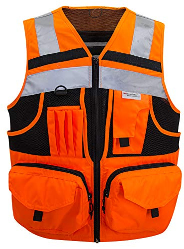 ZUJA 3M Reflective stripes Safety Vest Hi-vis Orange knitted Vest with 10 pockets Bright Construction Workwear for men and women. (Extra Large)