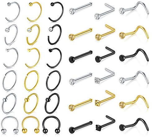 D.Bella 18G Nasenpiercing 316L Chirurgenstahl Nasenringe Nasenstecker L Förmig Spirale Nase Stecker mit Strass Nasenpiercing Schmuckset Silber Gold Schwarz Farbe