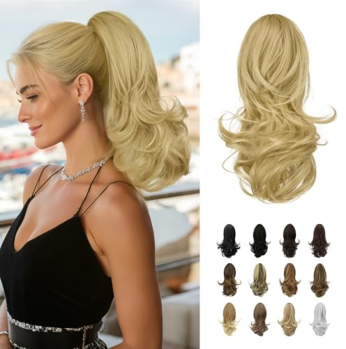 Sofeiyan 33cm Pferdeschwanzverlängerung Langer Lockiger Pferdeschwanz Clip in Klaue Haarverlängerung Natürlich Aussehendes Synthetisches Haarteil für Frauen, Hellblond-Mix Bleichblond Gleichmäßig