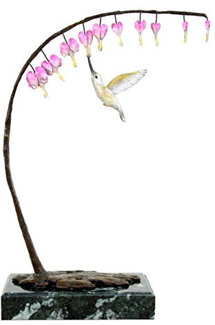 Vogelbronze Kolibri an Knospe - Limitierte Bronzeskulptur von Martin Klein - Tierfigur - Natur - Moderne Kunst - Inneneinrichtung - Höhe: 33 cm - Deko - 100% Bronze Figur