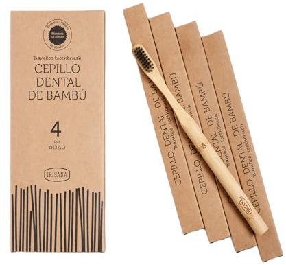 Irisana - Cepillo de Dientes - Pack de 4 - Marrón - 9 x 20 x 2 cm - Madera de Bambú - Vegano - Cerdas de Carbón Activo y Doble Altura - Mango Encerado