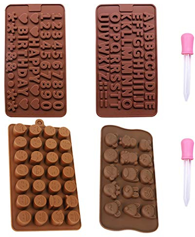 Aroncent 4PCS Schokoladeformen Silikon Pralinenformen Backen Formen Buchstabe, Zahl, Emoticons, Tier Formen mit 2 Pipetten