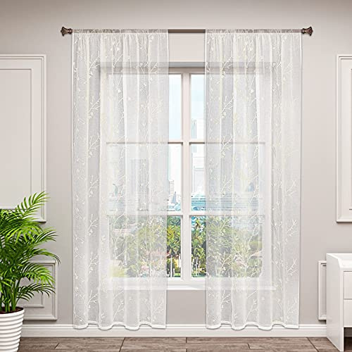 WOLTU Gardinen Kräuselband Blumenstickerei halbtransparent 140x225cm Beige | 2er Set Leinenoptik und Halbtransparente Vorhänge für Wohnzimmer Schlafzimmer, moderne Stores mit weichem Licht, Länge 225 cm