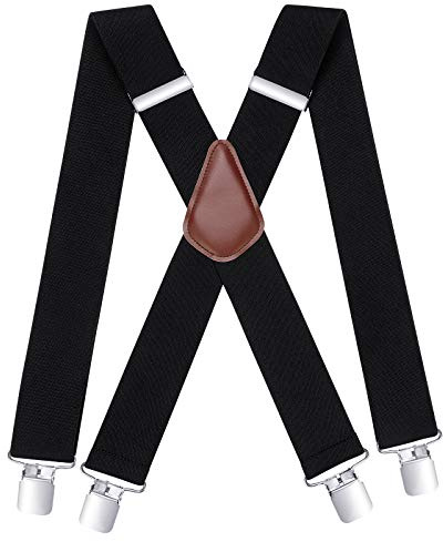 HISDERN Hängslen för män bredd 5 cm med 4 extra starka metallklämmor för herrbyxor justerbara elastiska remmar stil X, Svart noir noir, one size