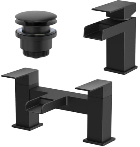 Architeckt® Dakota Bathroom Bath Filler Basin Sink Mixer Tap with Waste Set Waterfall Spout Modern Mono Square Lever Handle Faucet for Baths Sinks, Black
