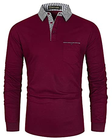 GHYUGR Men's Polo Shirt Long Sleeve Contrasting Plaid Splice Golf Tennis T-Shirt