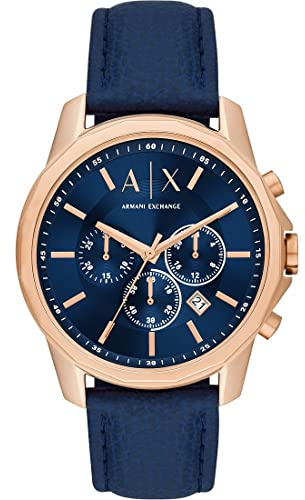 Armani Exchange Reloj hombre, movimiento cronógrafo cuarzo y caja 44mm con correa piel, Azul y tono oro rosa