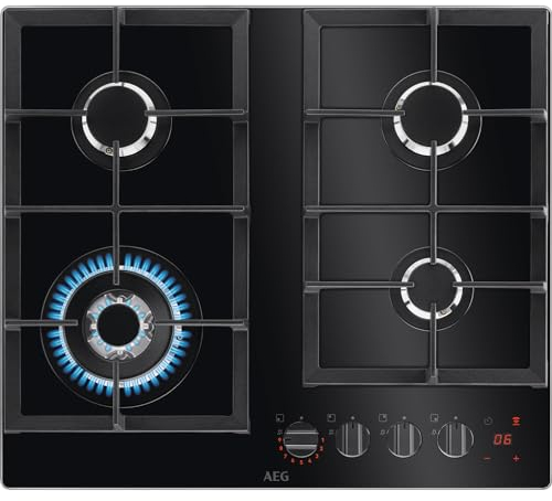 AEG HKB64450NB FlameLight Gas Hob, 4 Burners, 59cm, Gas-on-Glass Cooktop, Hob2Hood, StepPower Controls, LED Indicators, Cast Iron Pan Support, 4 Cooking Zones, Black