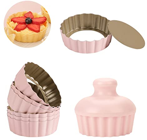 LIFVCNT 1 Inch Deep Mini Tart Pan Set, 6PCS 3.6 Inch Tart Pans with Removable Bottom and Tart Tamper, Nonstick & Durable Bakeware, Ideal for Mini Pies, Tarts, Quiches, Cheesecakes, (Pink)