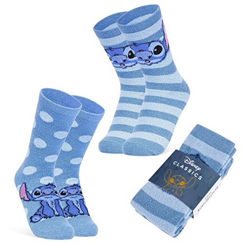 Disney Slippers Socks for Women & Teens UK Size 2.5-7.5, Pack of 2 Non Slip Fleece Winter Socks, Soft & Fluffy, Gifts for Her